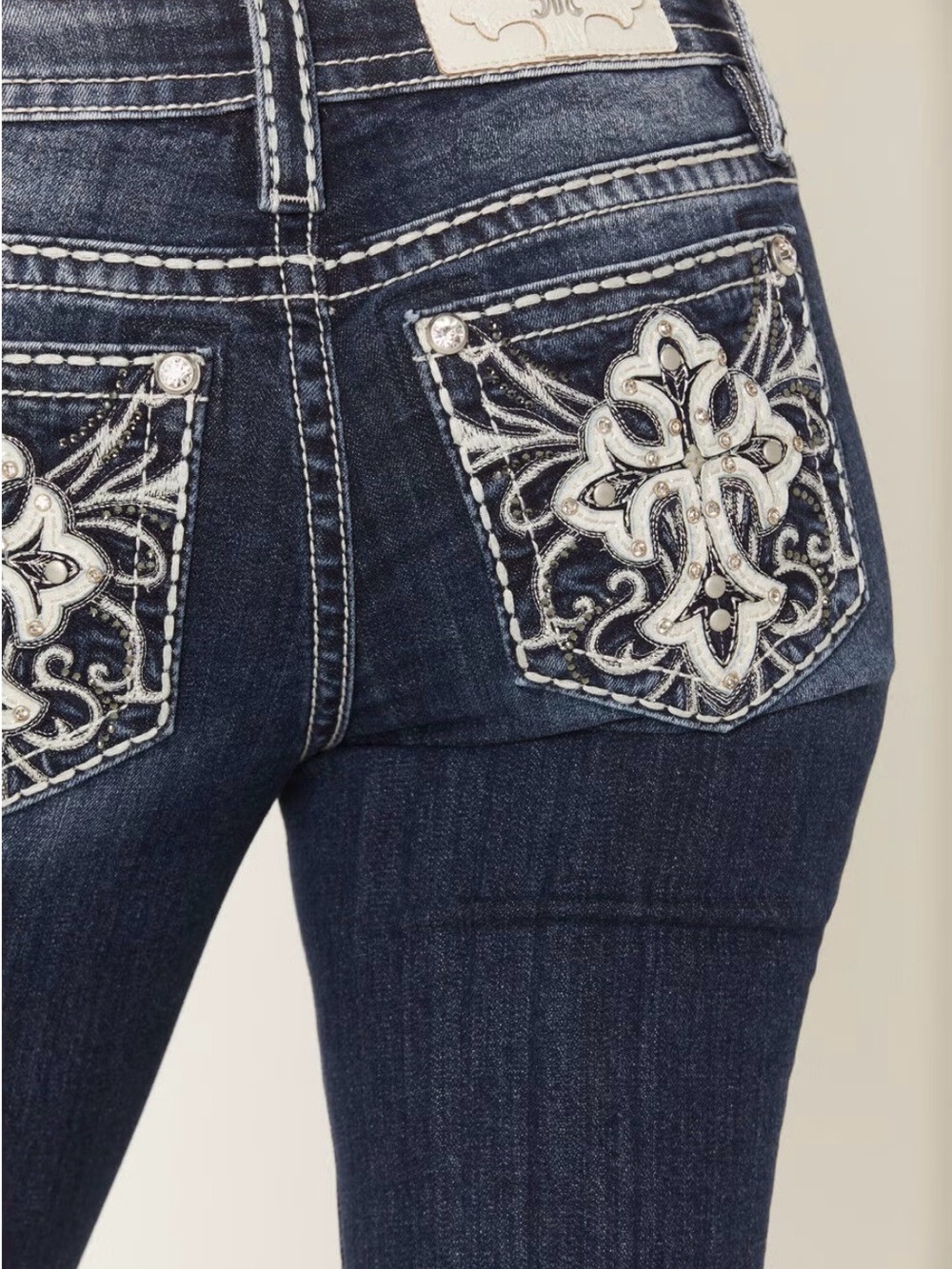 Miss Me Dark Blue Skinny Jeans with Embroidered Rhinestone Pockets